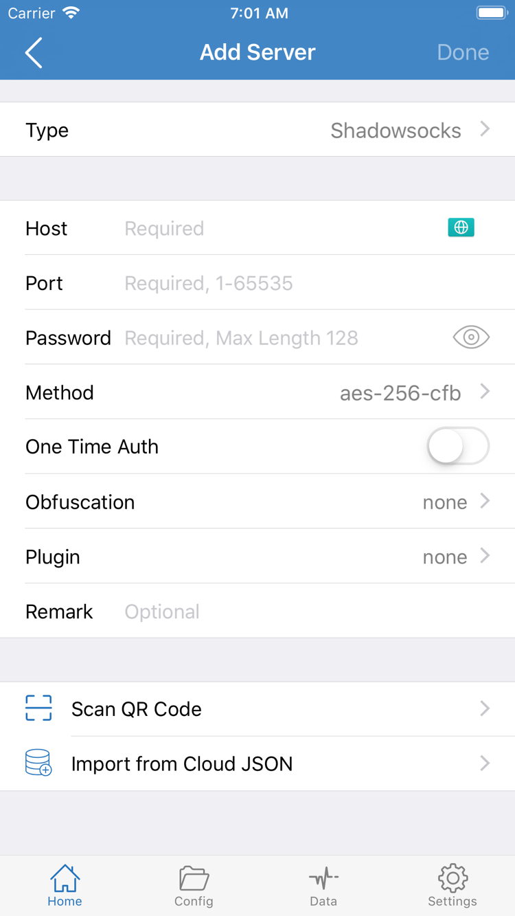 ShadowrocketのAdd Server公式スクリーンショット。Type、Host、Port、Password、Methodと、Scan QR CodeおよびImport from Cloud JSONの入口を表示