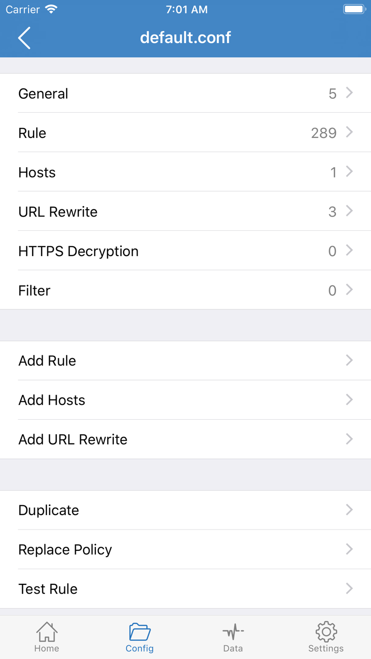 ShadowrocketのConfig公式スクリーンショット。General、Rule、Hosts、URL Rewrite、HTTPS Decryptionの各セクションとAdd Ruleの入口を表示