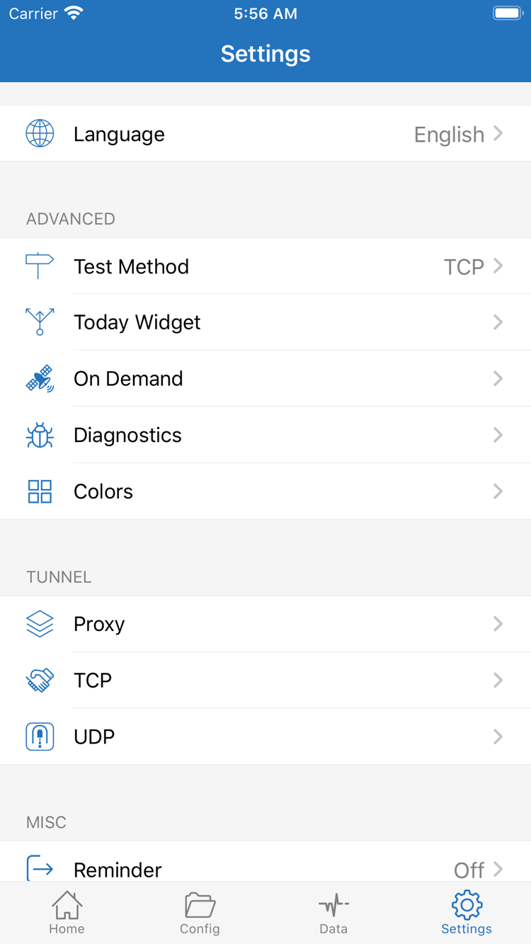 ShadowrocketのSettings公式スクリーンショット。Language、Test Method、Today Widget、On Demand、Diagnostics、Proxy、TCP、UDPの設定項目を表示
